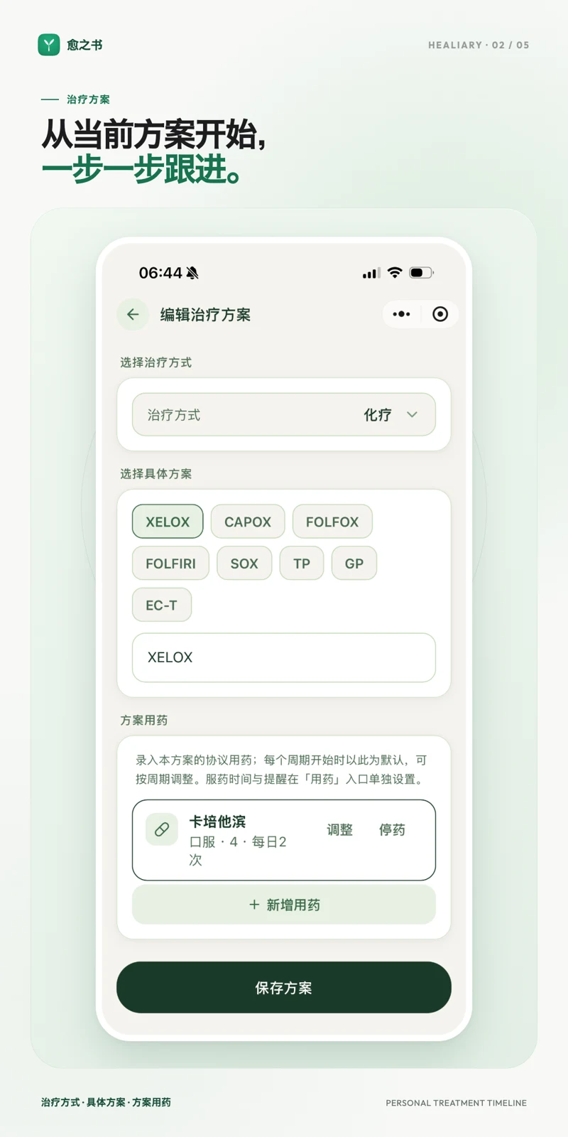 愈之书治疗方案发布卡，展示治疗方式、具体方案和方案用药