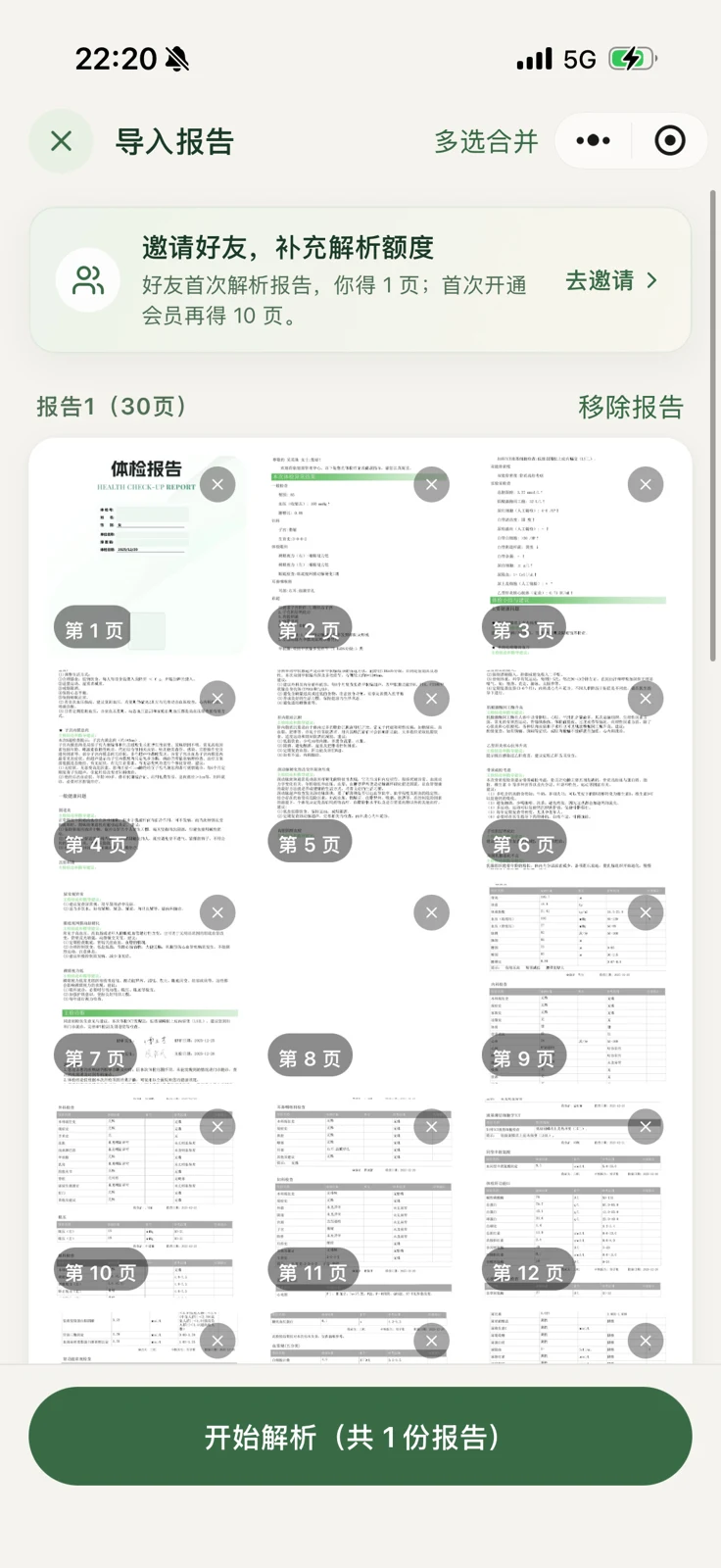 30 页 PDF 展开为页面缩略图，底部为开始解析按钮