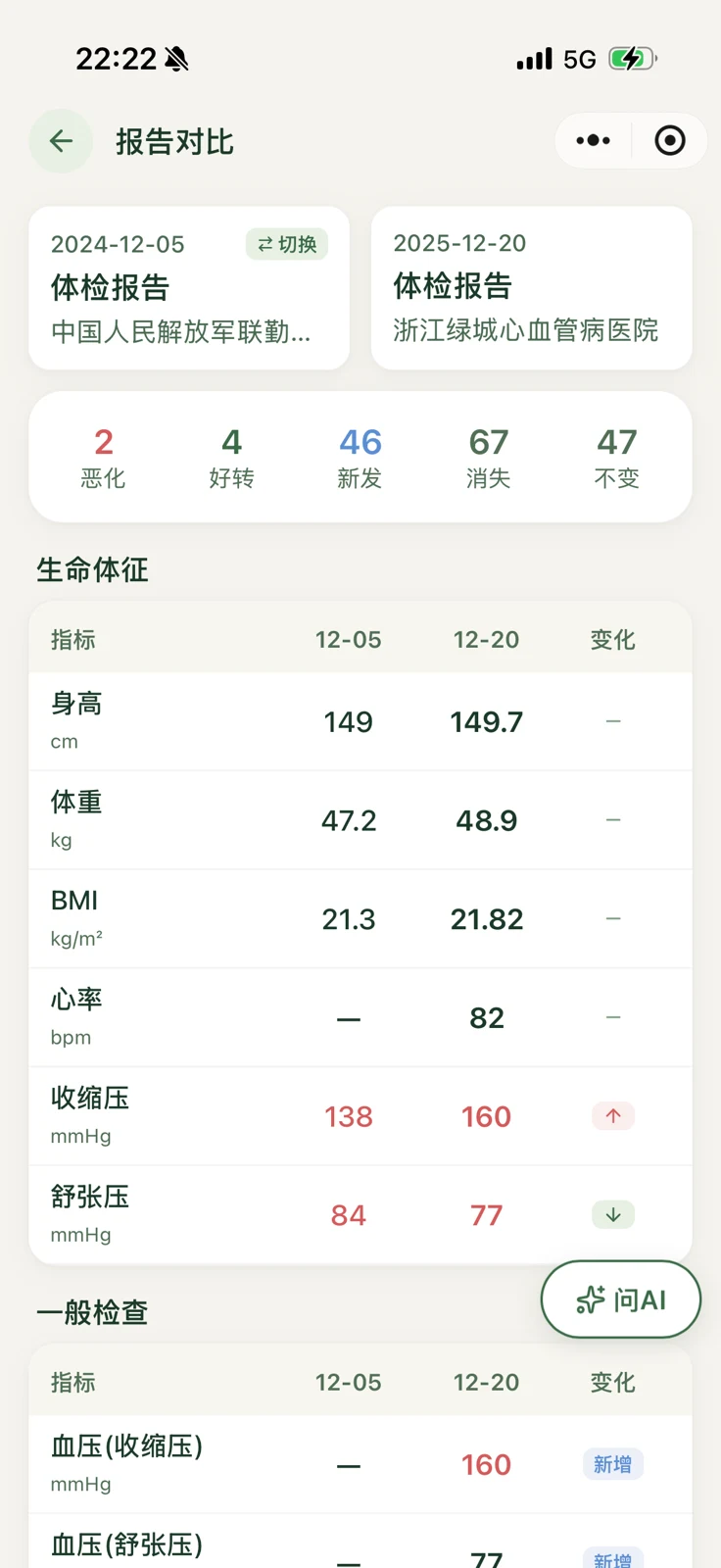 两份不同年份的体检报告按项目并排对比